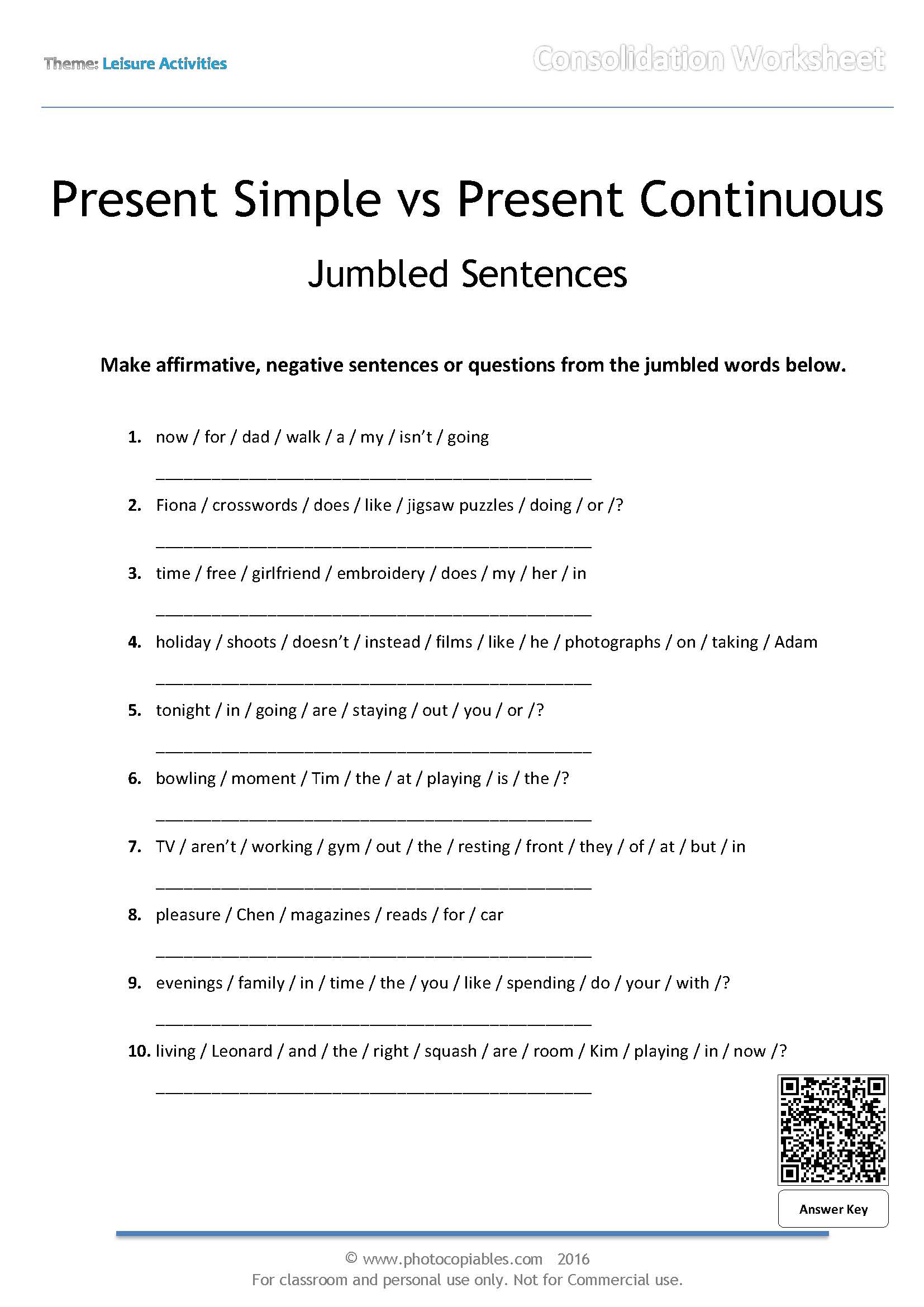 Present Simple and Present Continuous Jumbled Sentences Worksheet